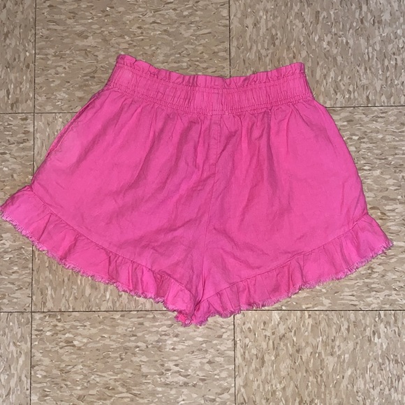 aerie Paperbag High Waisted Ruffle Hem Linen Blend Shorts in Bubble Gum Size XS - Picture 9 of 13